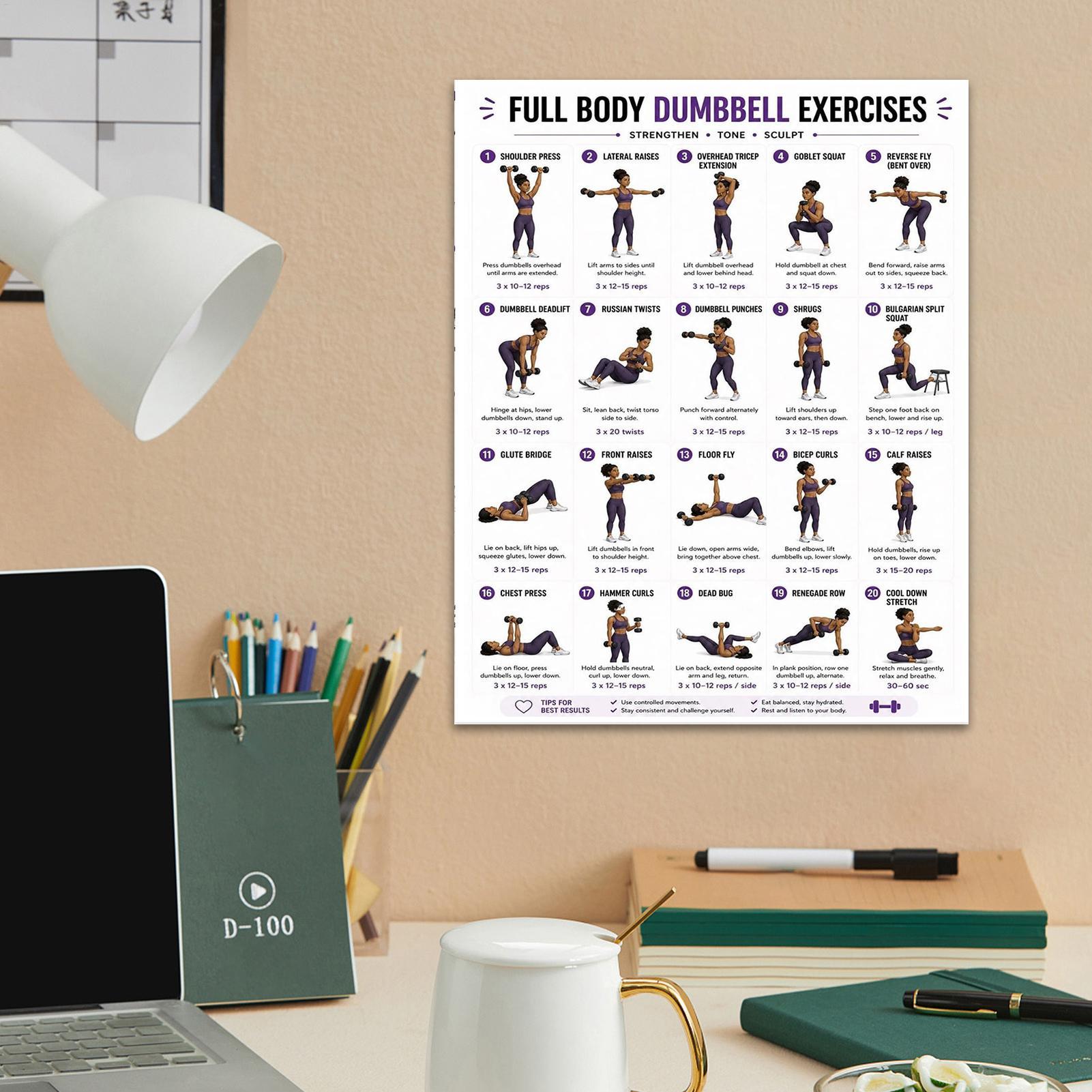 Workout Plan Home Gym - Poster Latihan Dumbbell 2pcs, Panduan Latihan